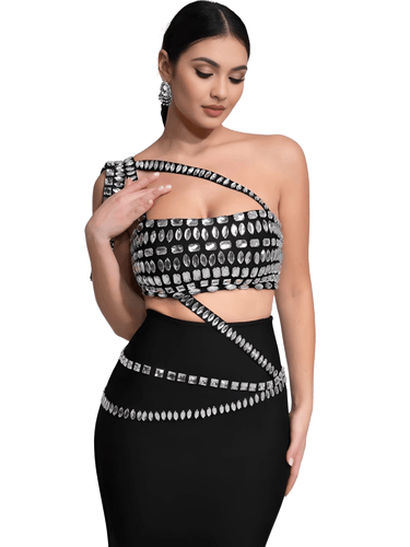 Women's 2-Piece Bodycon Sexy Long Asymmetrical Dress Big Crystal Fashion Nightclub Party Dress -, Dress , Drestiny , Australia, Black, Canada, L, M, Maxi Dresses, New Zealand, S, Silver, Sleeveless, United Kingdom, United States, White, XS , Drestiny , www.shopdrestiny.com